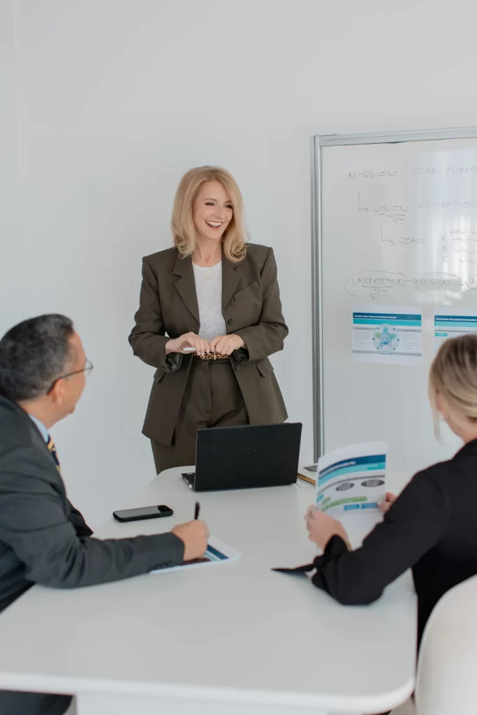 Caroline Stacey, engaging in a leadership discussion on business transformation with client.